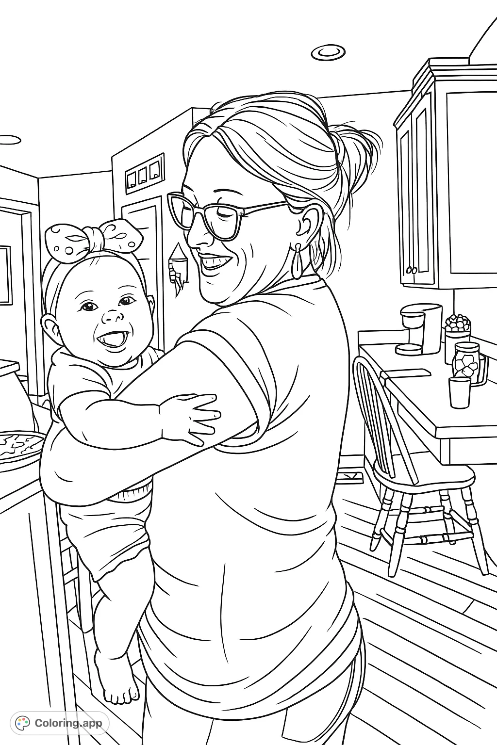 A heartwarming coloring page featuring a smiling woman holding a happy baby with a bow headband. Perfect for celebrating family bonds and precious moments.