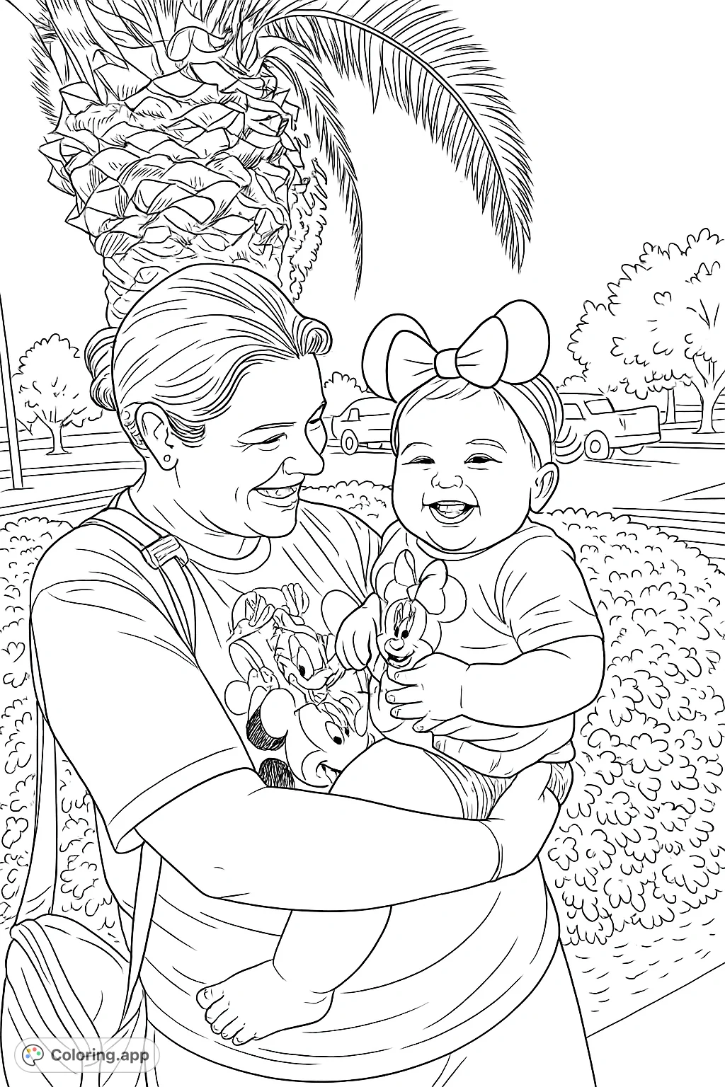 A heartwarming coloring page featuring a smiling mother holding her happy baby, adorned with character accessories, set against a natural backdrop. Perfect for family fun!