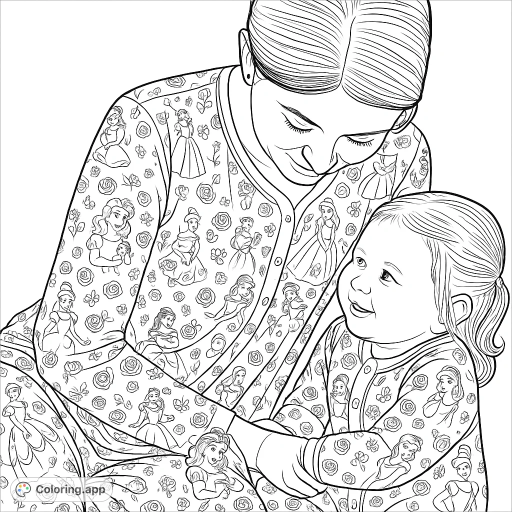 A heartwarming scene of an adult and baby in matching princess-themed pajamas, adorned with character motifs and floral patterns. Perfect for fans of fairy tales.