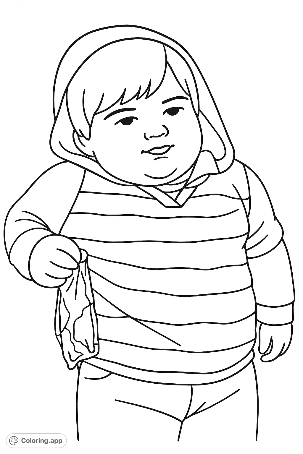 A charming child portrait coloring page featuring a sweet toddler in a hooded shirt, holding a snack. Perfect for young artists to explore creativity.