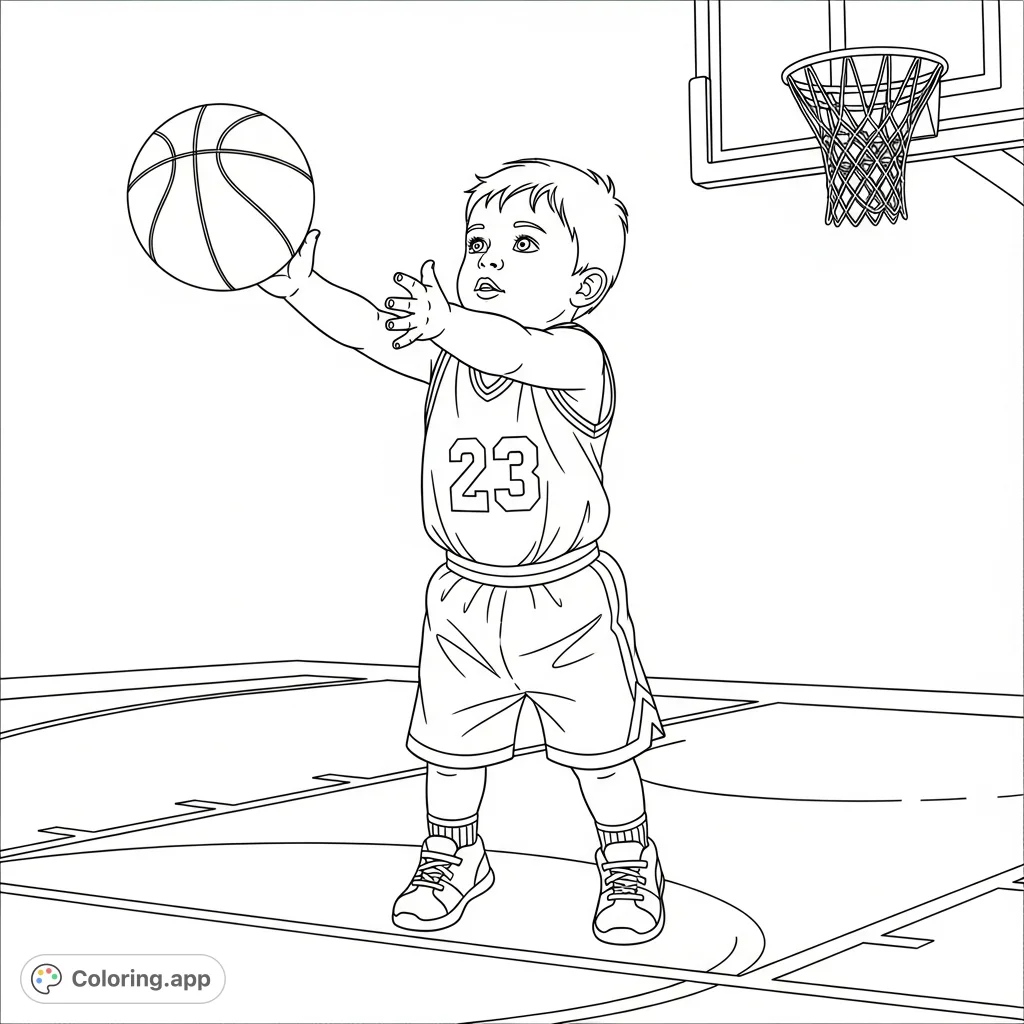 A charming free printable basketball coloring page featuring a 2-year-old boy in a jersey with number 23, shooting a free throw on a court. Perfect for young sports fans!