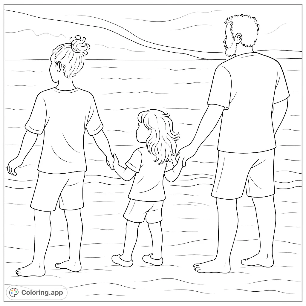 Capture a heartwarming family moment on a serene beach. This family coloring page features a trio holding hands, gazing at the ocean, perfect for all ages.