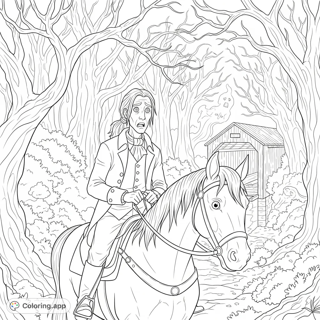 Embark on a thrilling adventure with this spooky forest coloring page, featuring a frightened rider, his horse, and a lurking headless horseman ghost.