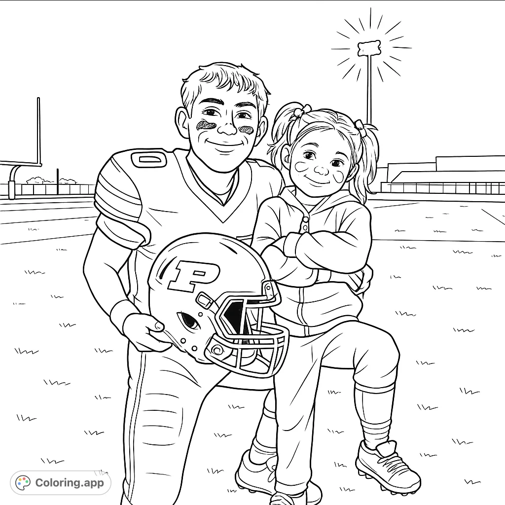 A heartwarming football scene featuring a player and a young fan on the field, perfect for sports enthusiasts to color and celebrate team spirit.