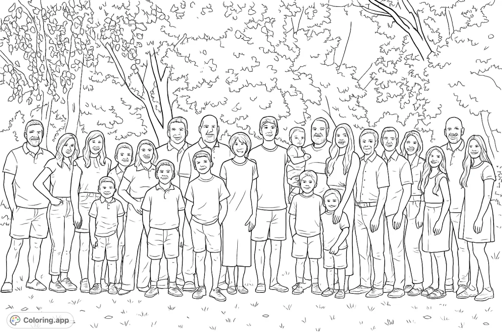 Color a heartwarming family portrait featuring multiple generations gathered in a natural outdoor setting. A perfect family coloring page for all ages.