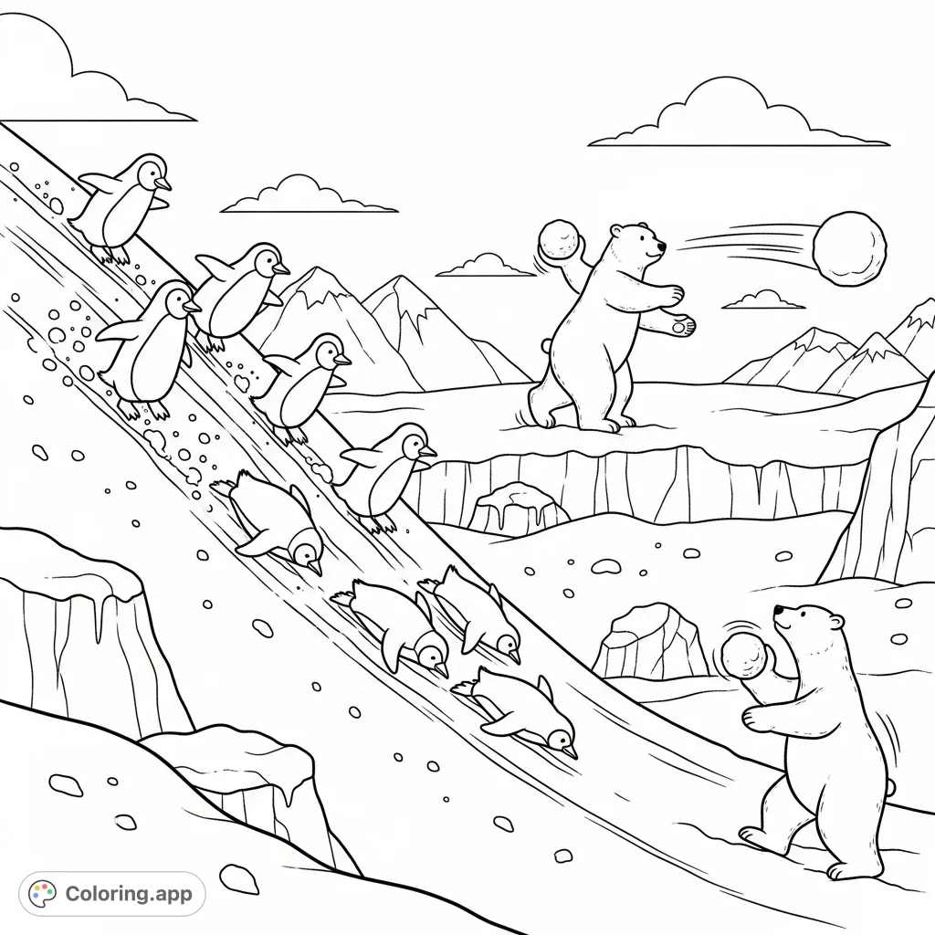 A lively arctic animals coloring page featuring penguins racing down a snow hill and polar bears demonstrating kinetic energy with snowballs. Perfect for winter fun!