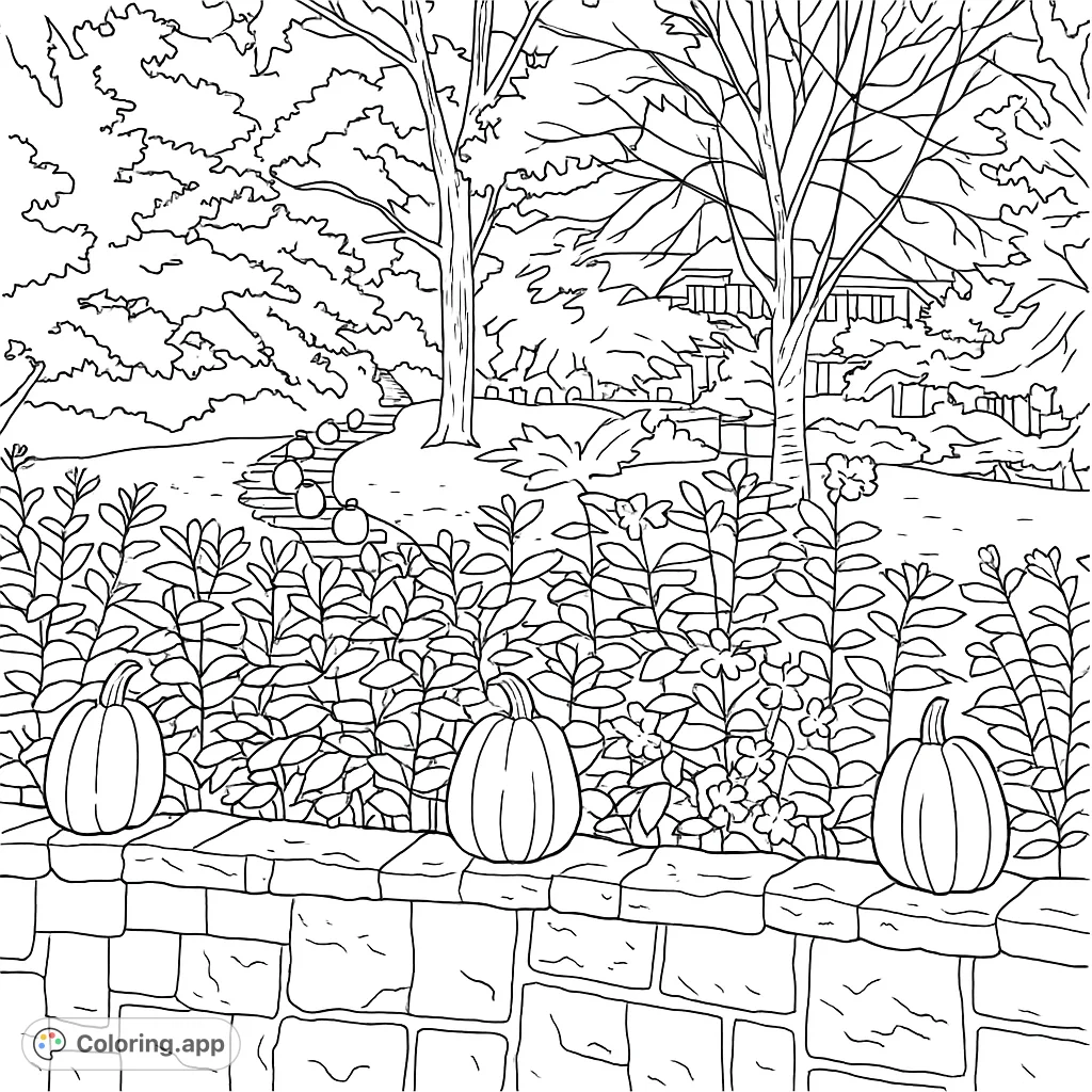 A charming autumn scene featuring a stone wall, leafy bushes, and a winding staircase adorned with pumpkins, leading up to a house nestled among trees.