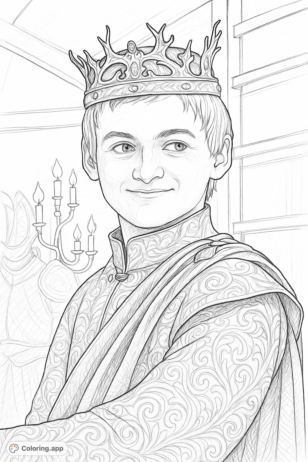 A detailed coloring page featuring a regal young figure adorned with an intricate crown and ornate robes, set against a softly blurred interior.