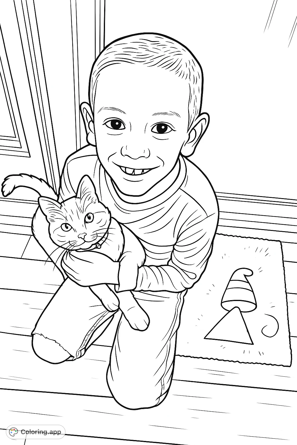 A heartwarming scene of a smiling boy gently holding his feline friend. Perfect for animal lovers and a delightful coloring experience.