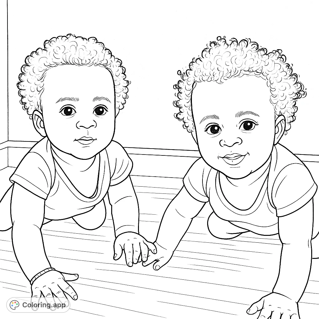 Two adorable babies crawling, ready for a splash of color. Perfect for celebrating new arrivals and family joy with this heartwarming twin babies coloring page.