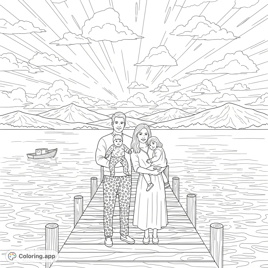 A heartwarming scene of a family of four on a wooden dock, with a baby, a young child, and serene water, hills, and clouds in the background.