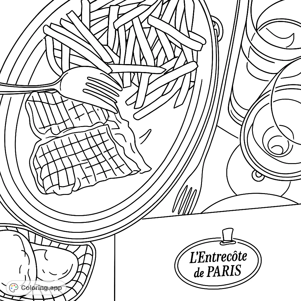 Savor a detailed coloring page featuring a classic bistro meal with grilled steak, crispy fries, and refreshing beverages on a textured table setting.
