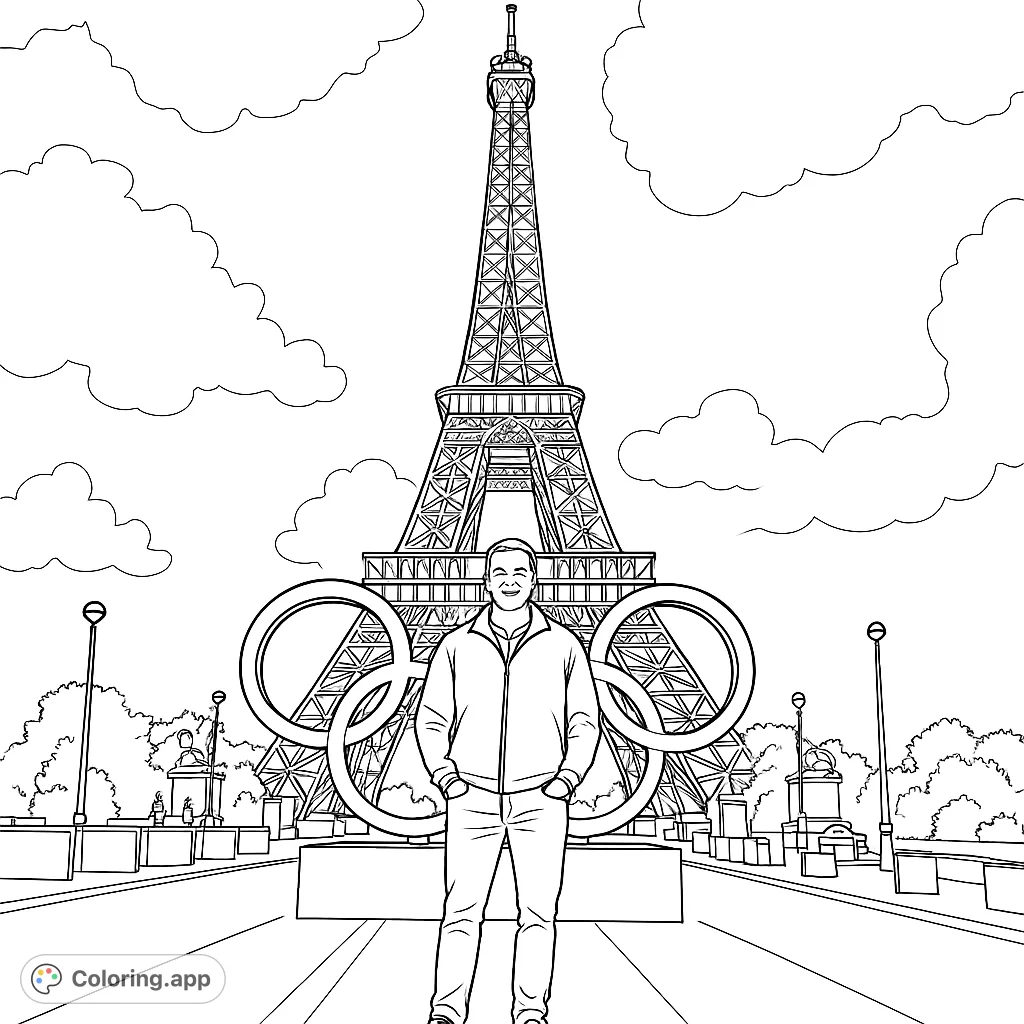 A striking scene featuring the iconic Eiffel Tower, prominent Olympic rings, and a person standing proudly in front, set against a cloudy sky.