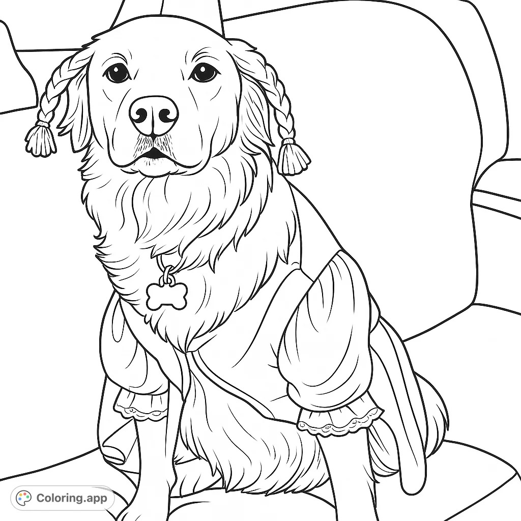 A delightful dog dressed in a festive costume with a hat and braids, sitting on a textured couch, ready for a fun coloring adventure.