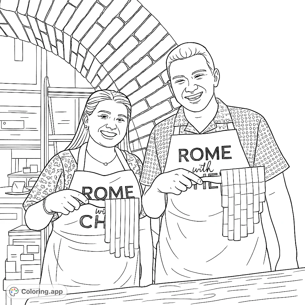 Two smiling chefs proudly display their freshly made pasta under a brick arch. A delightful scene for foodies and aspiring cooks.