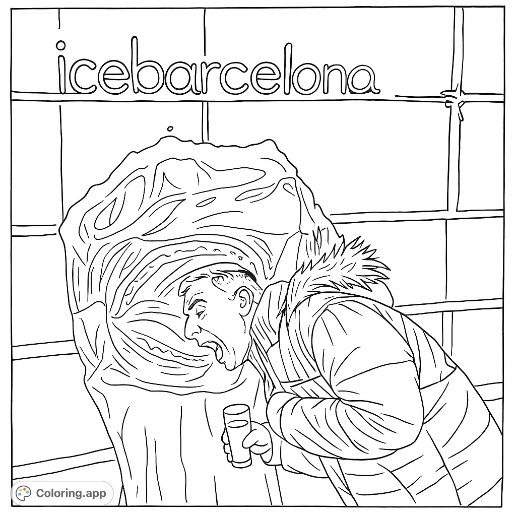 A playful ice bar scene featuring a person interacting with a large, detailed ice sculpture and a prominent neon sign. A unique ice bar coloring page.