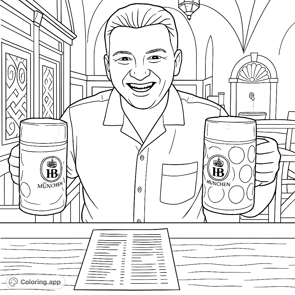 A cheerful man holds two large, foamy mugs in a traditional hall setting, inviting a festive coloring experience. Perfect for adults.