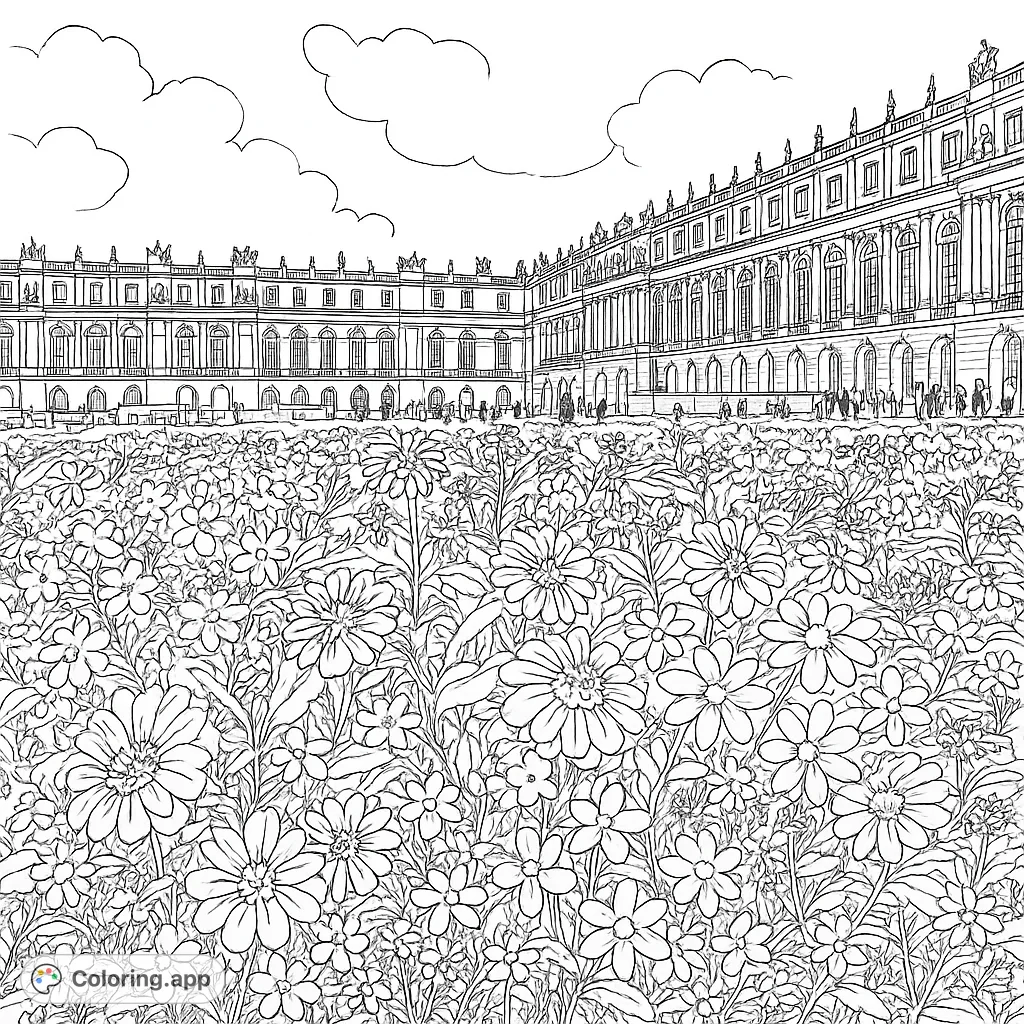 A magnificent palace stands behind a vibrant, detailed flower garden, offering a grand scene for coloring enthusiasts.
