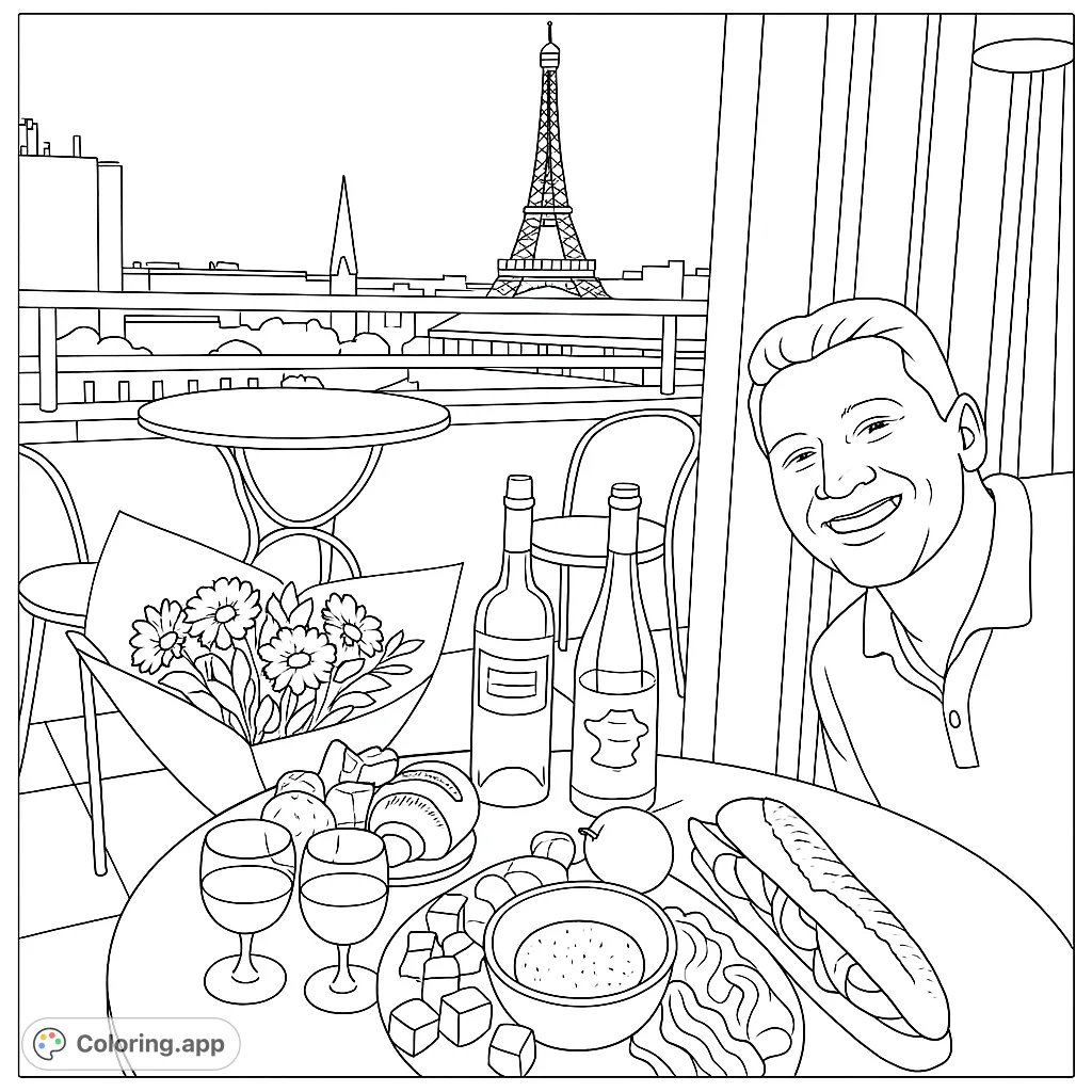 Enjoy a delightful Parisian balcony picnic with a smiling companion, a lavish food spread, and the iconic Eiffel Tower view. A charming travel scene.