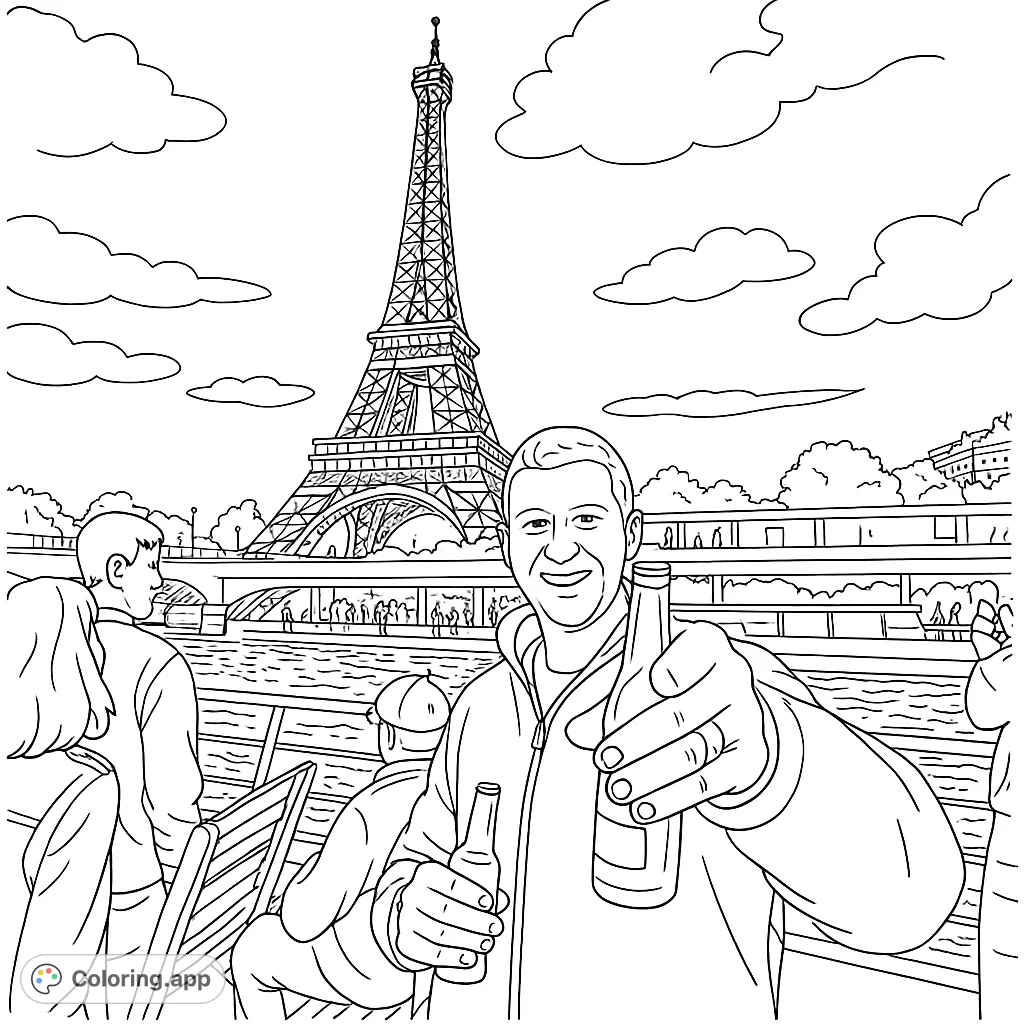 Capture the magic of a Parisian evening with the iconic Eiffel Tower, a smiling figure, and a river cruise scene. A detailed architecture coloring page.