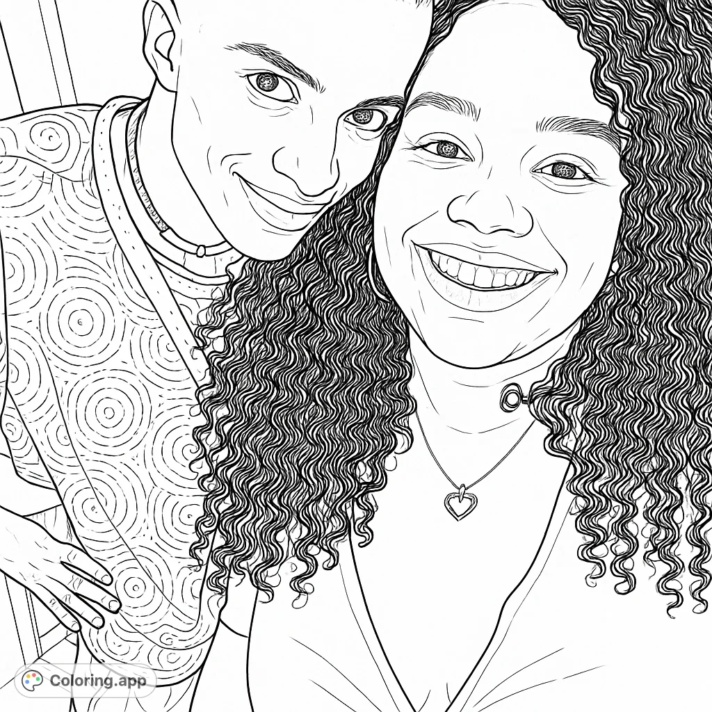 A heartwarming portrait of a smiling couple, perfect for expressing affection and joy. Features intricate details in clothing and hair for a delightful coloring experience.