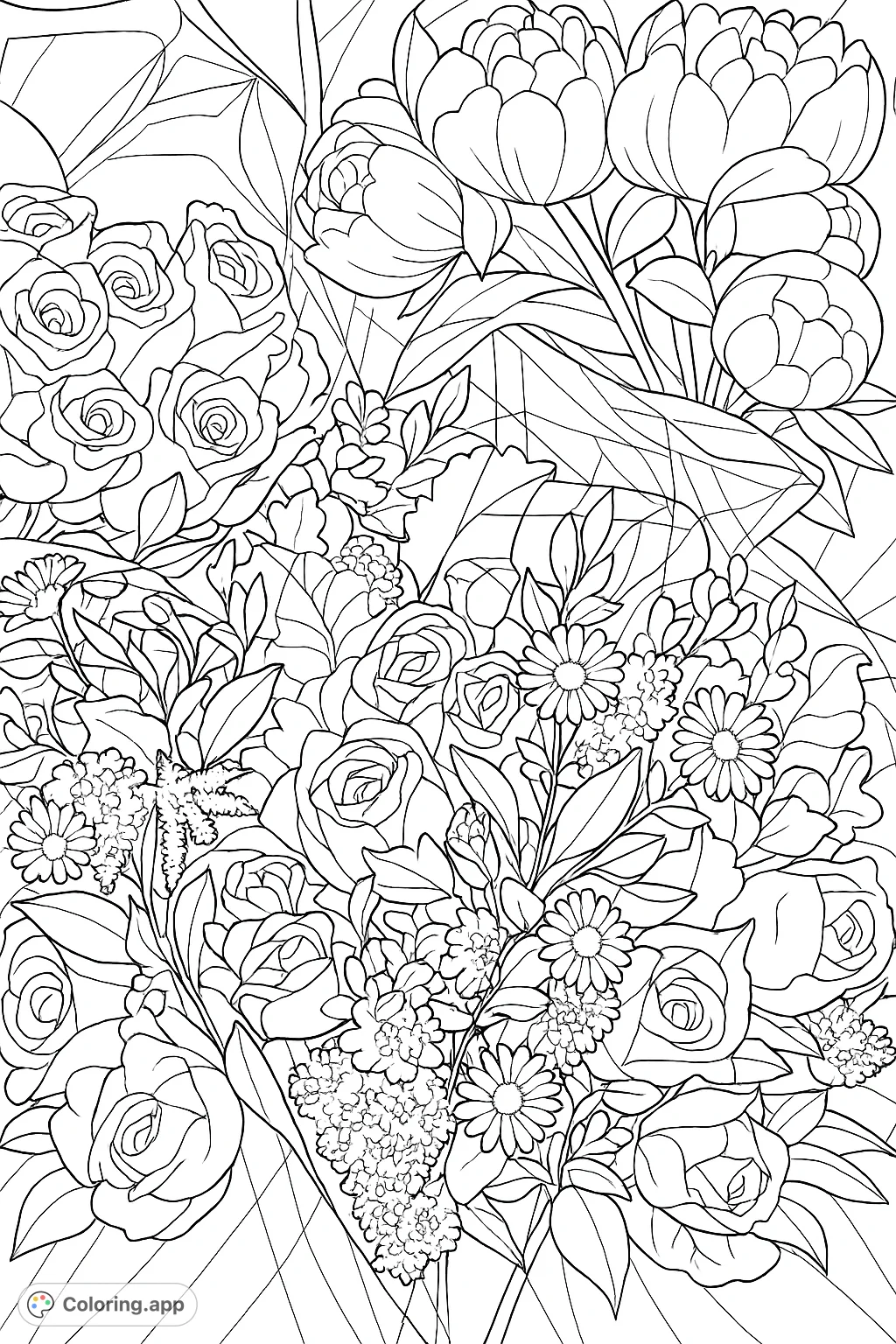 A beautiful collection of lush floral bouquets featuring roses, peonies, and delicate filler flowers, perfect for a relaxing coloring experience.