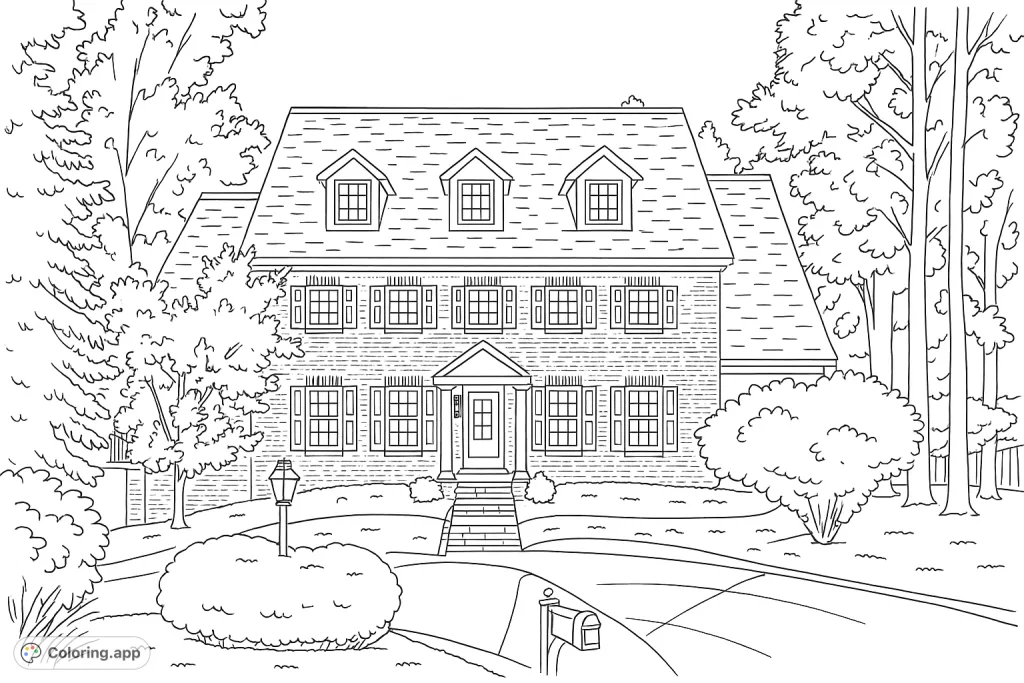 A detailed coloring page featuring a classic two-story brick home with dormer windows, surrounded by lush trees and shrubs, perfect for architectural enthusiasts.