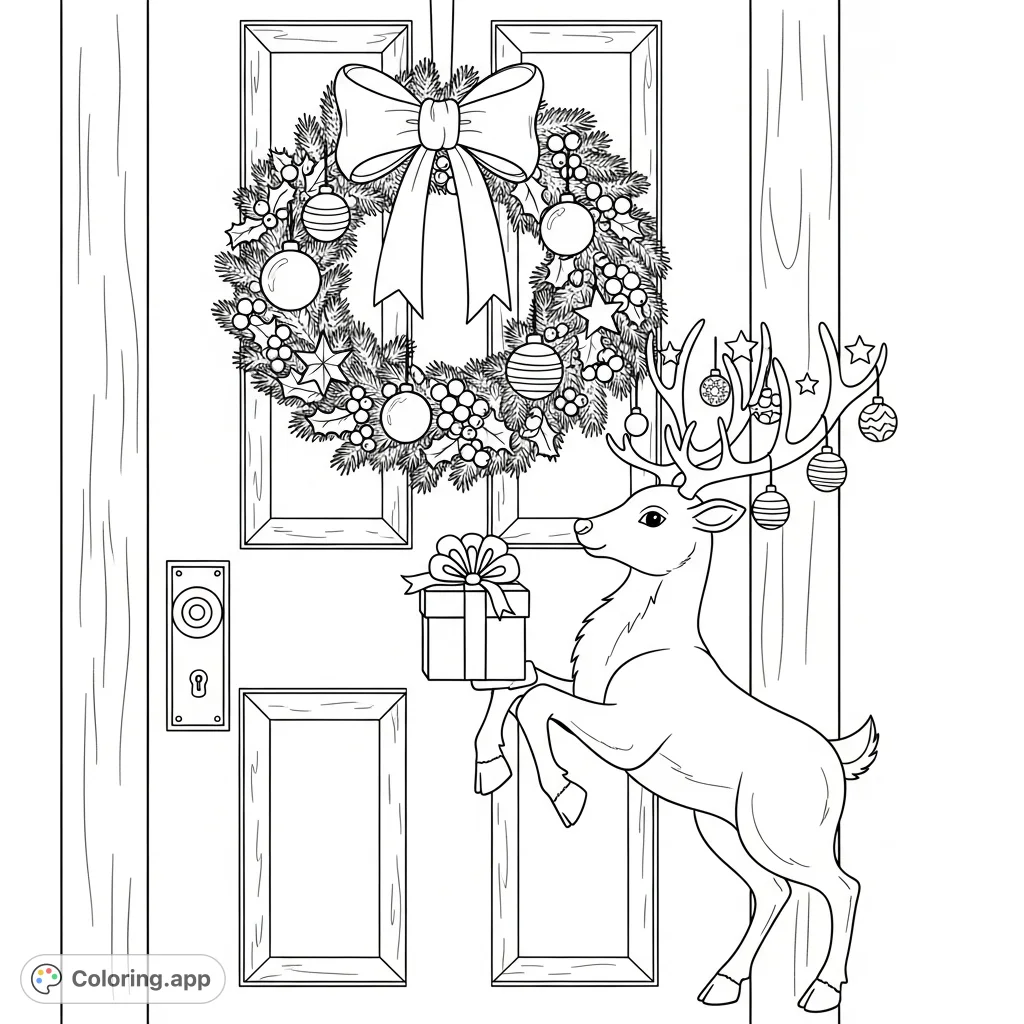 A charming scene featuring a reindeer knocking on a door, holding a present, with a festive wreath and antler ornaments. Perfect for holiday coloring fun!