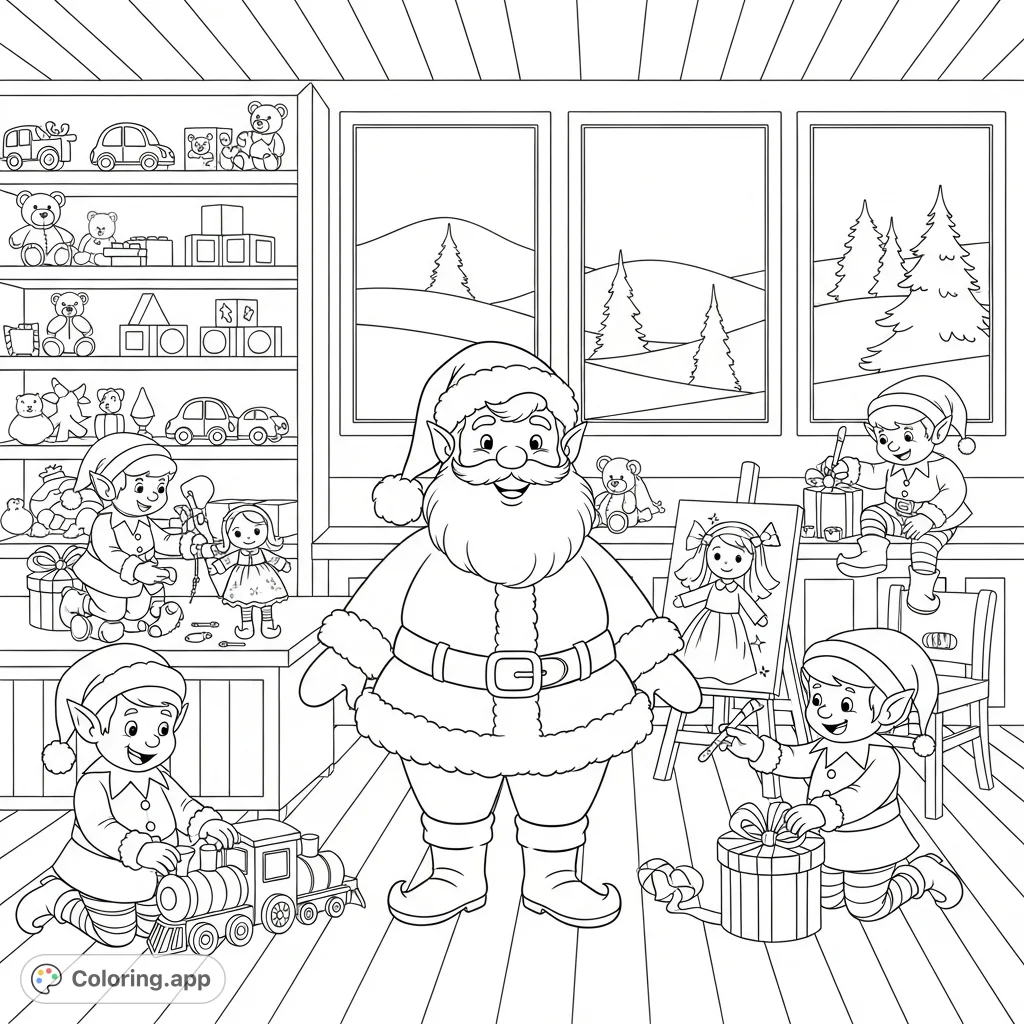 A delightful Christmas scene featuring a smiling Santa Claus watching his happy elves at work in a bustling North Pole toy shop, perfect for holiday fun.