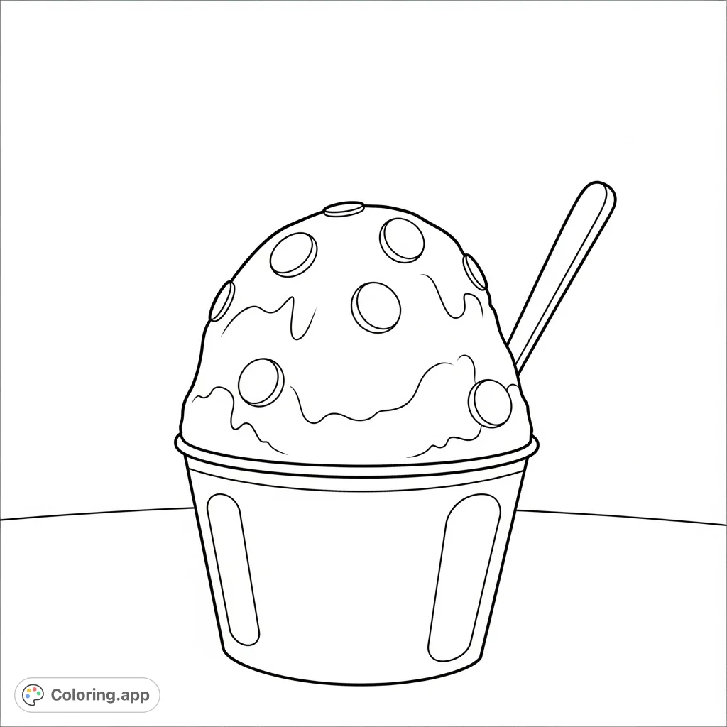 A delightful shaved ice coloring page, perfect for young children. Features a simple, mounded shaved ice in a cup with toppings and a spoon.
