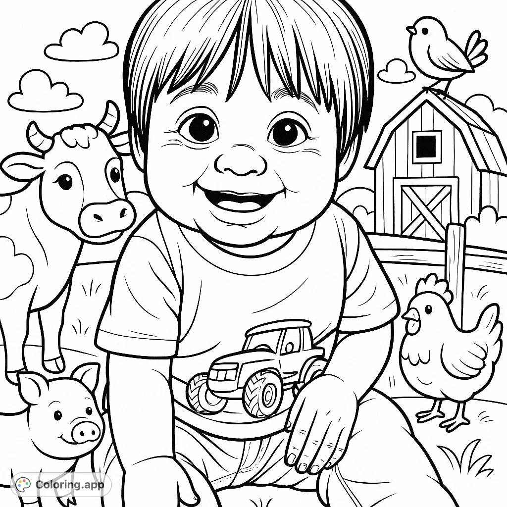 A charming farm animal coloring page for kids, featuring a happy child amidst friendly farm animals in a storybook style. Free printable coloring page for endless fun!