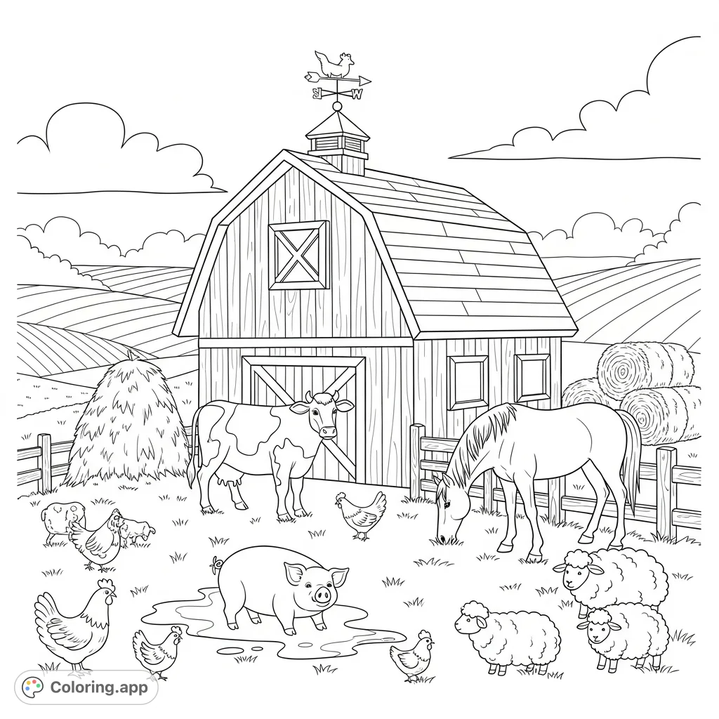 A charming farm scene featuring a rustic barn surrounded by various friendly farm animals like cows, pigs, and chickens, perfect for a delightful coloring experience.