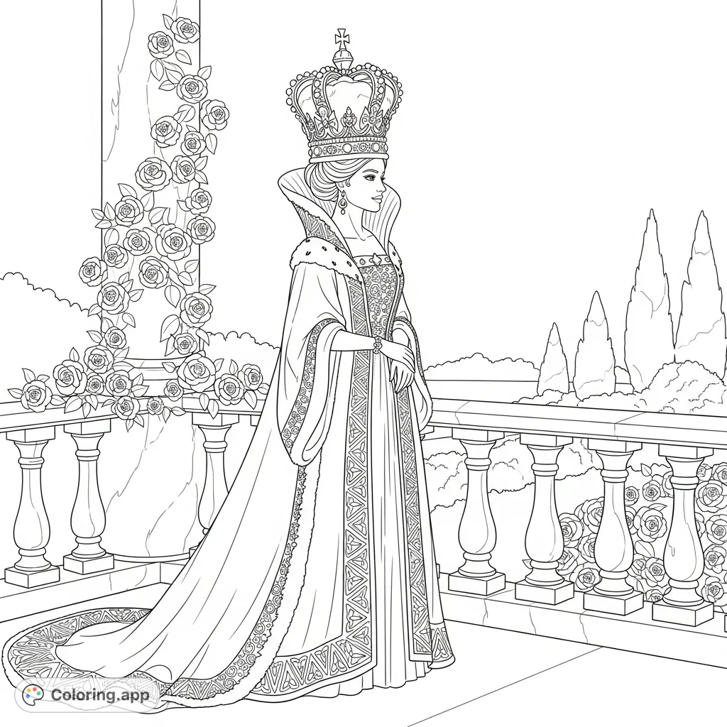 Color a majestic queen in elaborate robes and an intricate crown, standing on a royal balcony overlooking a manicured garden with climbing roses. A regal scene.