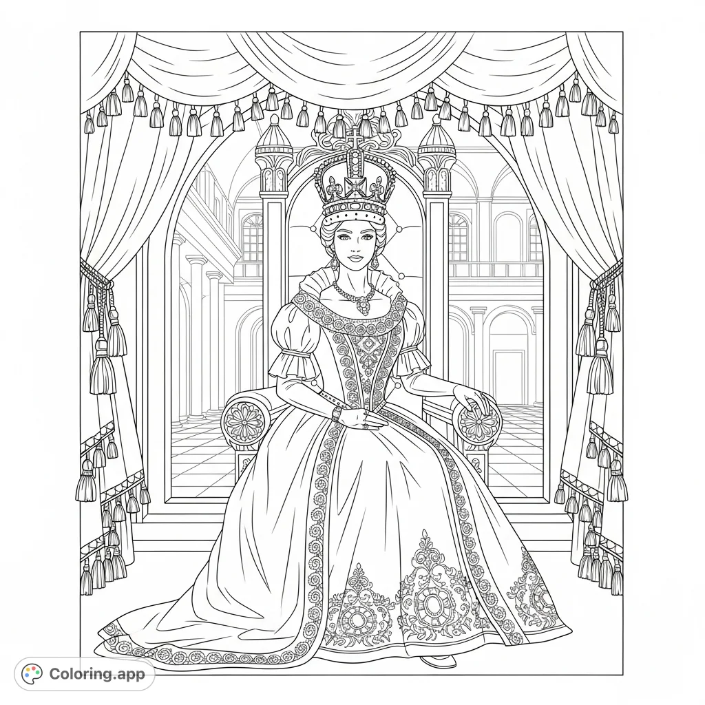 Color a majestic queen on her ornate throne, adorned with a voluminous gown, intricate crown, and surrounded by grand palace drapes and a courtyard view.
