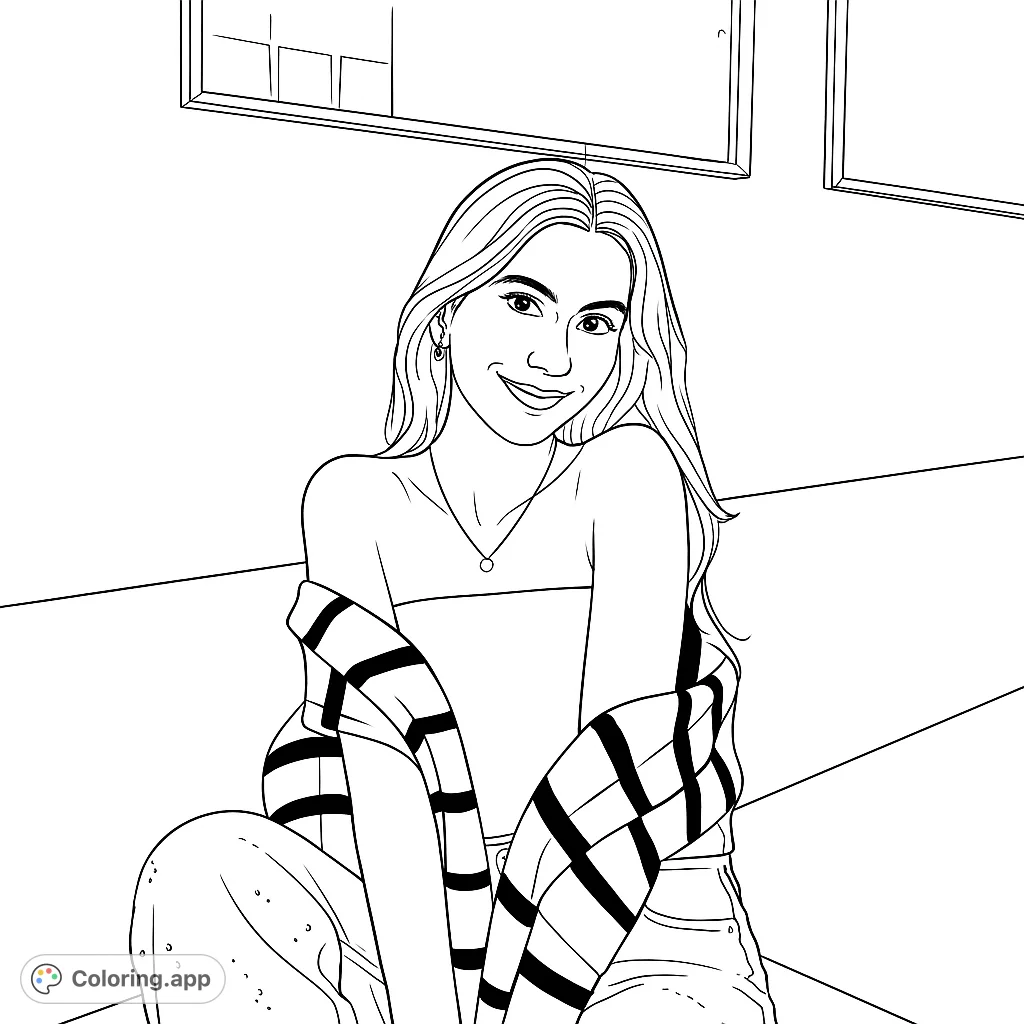 A charming coloring page featuring a smiling woman in a strapless top and striped cardigan, seated on a bench. Perfect for fashion and portrait enthusiasts.