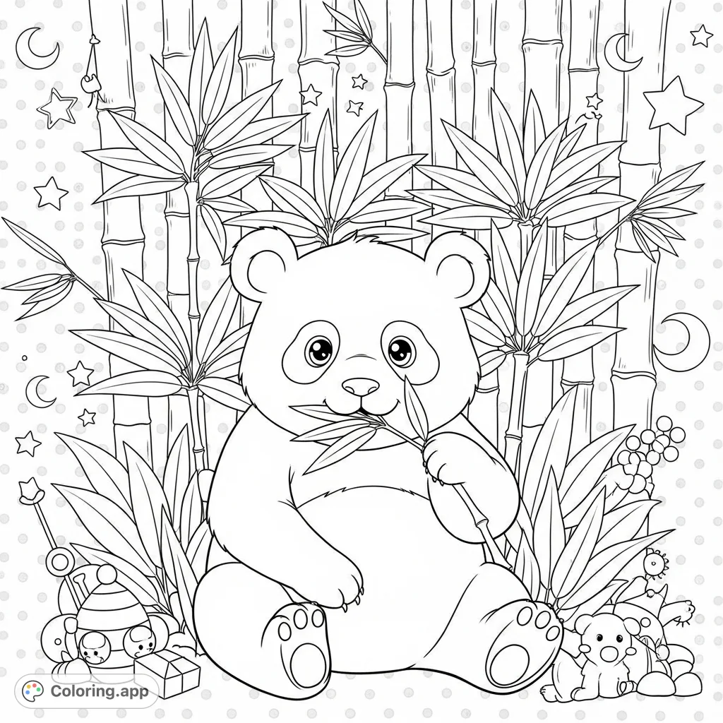 A charming panda sits peacefully amidst a lush bamboo forest, offering a delightful and relaxing coloring experience for all ages.