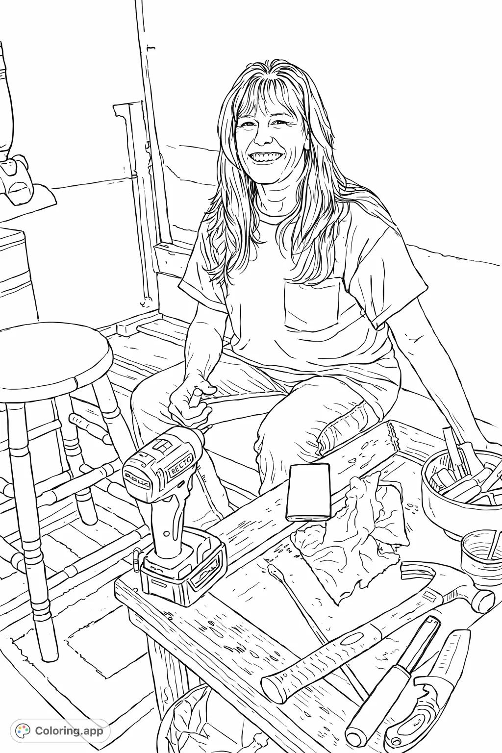 Capture the joy of creation with this DIY projects coloring page, featuring a smiling woman and her tools. A simple, free printable coloring page for all ages to enjoy.