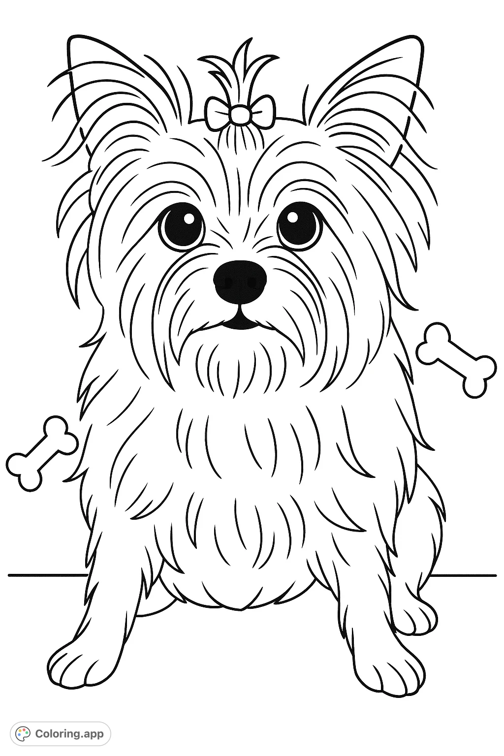 A charming, fluffy dog with a cute head clip, perfect for a simple and realistic coloring experience. Features dog bones for added fun.