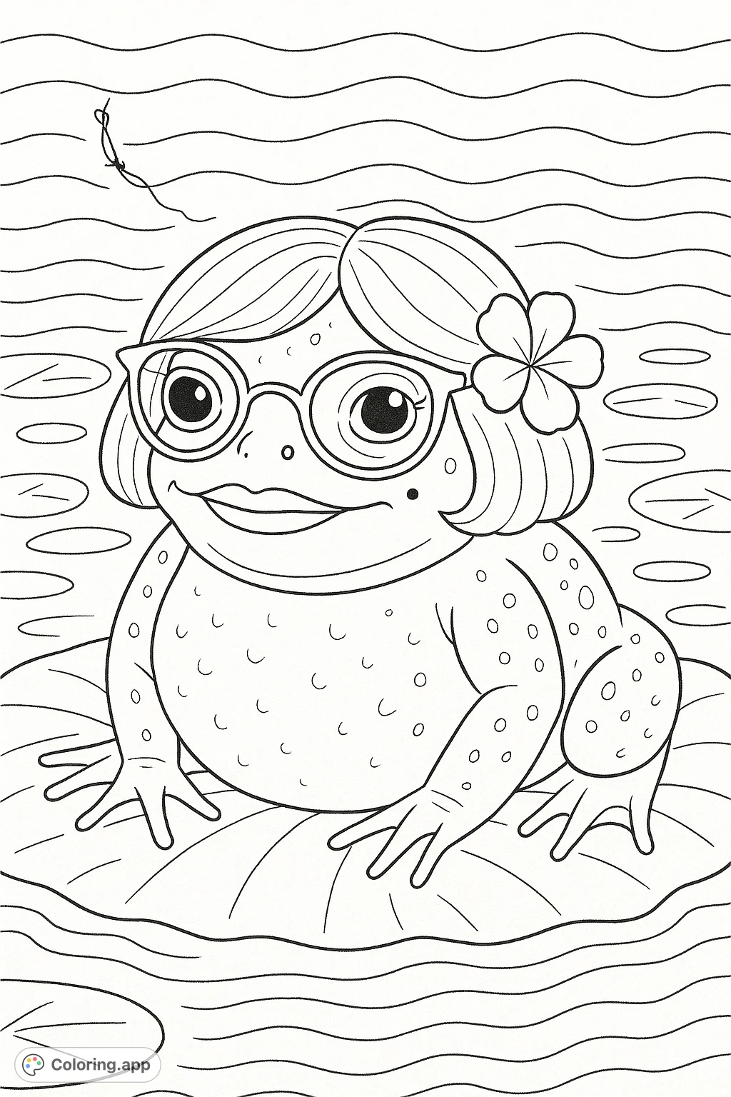 A whimsical toad with a stylish wig, glasses, and a flower sits serenely on a lily pad amid gentle rain, ready for a splash of imagination.