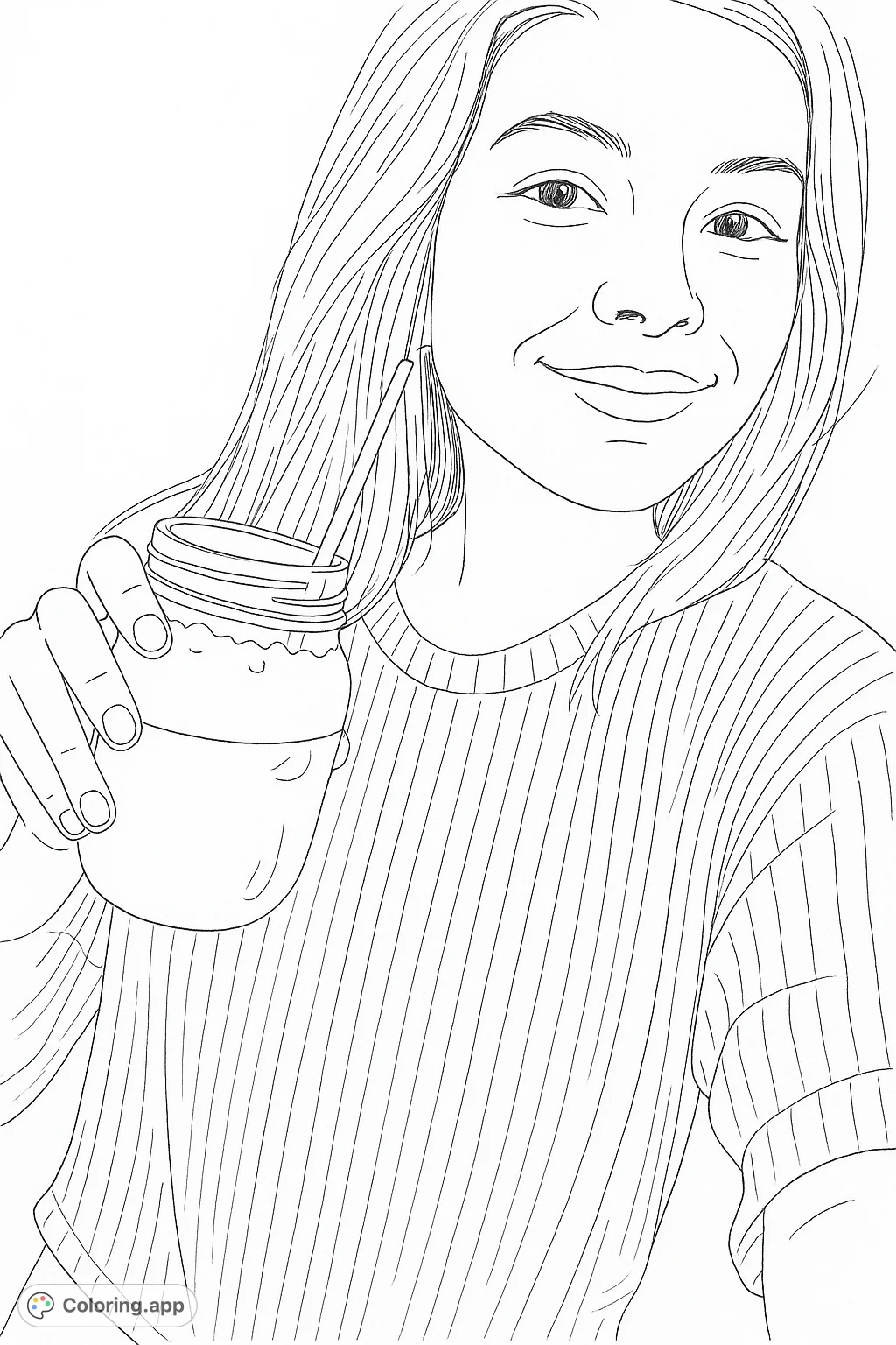 A charming coloring page featuring a smiling woman holding a refreshing iced drink in a mason jar. Perfect for a relaxing creative session.