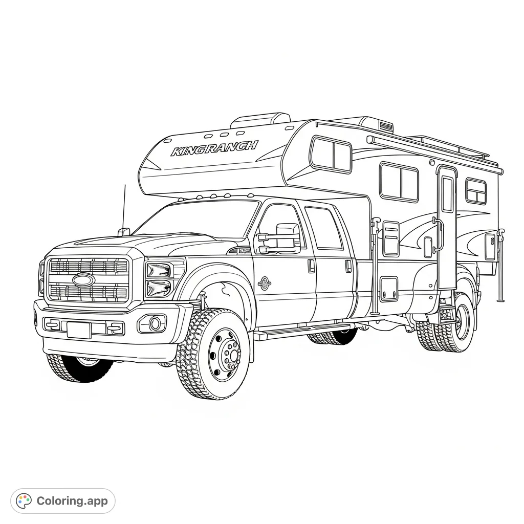 A powerful F450 King Ranch dually truck with a small lift, towing a large camper, ready for adventure. A detailed vehicle coloring page.