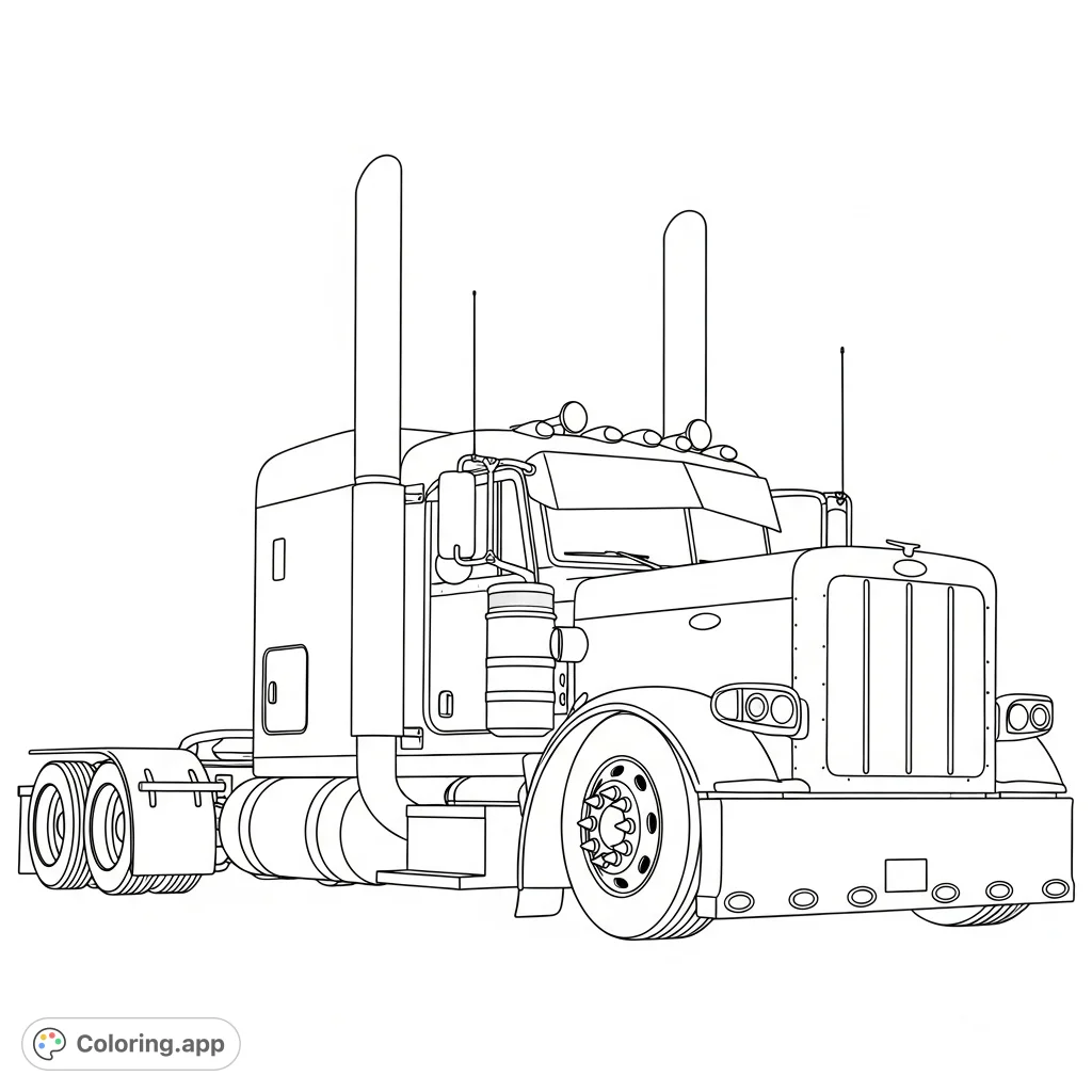 Color a powerful, lowered Peterbilt 379 truck featuring big exhaust stacks, a drop visor, and spiked lug nuts. Perfect for truck enthusiasts!