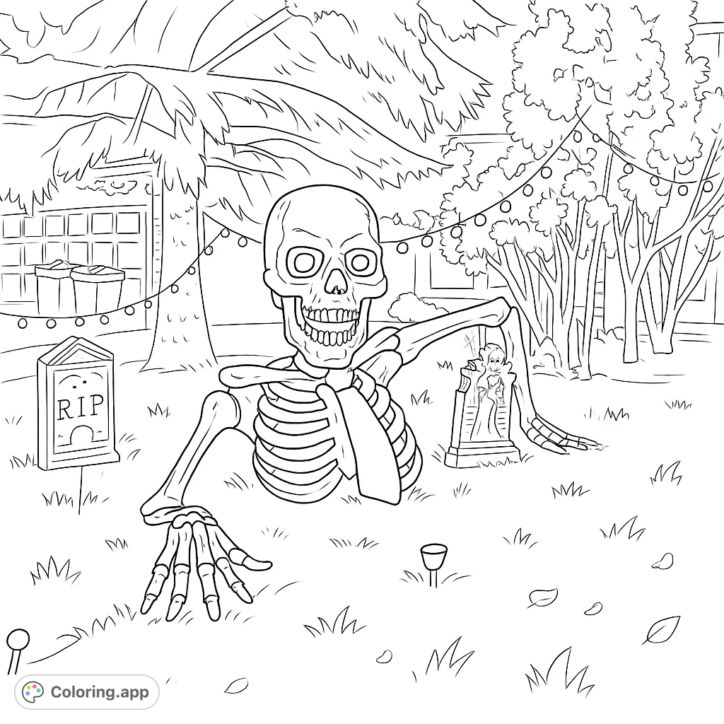 A spooky skeleton rises from the ground, surrounded by tombstones and eerie foliage, perfect for a Halloween coloring page.