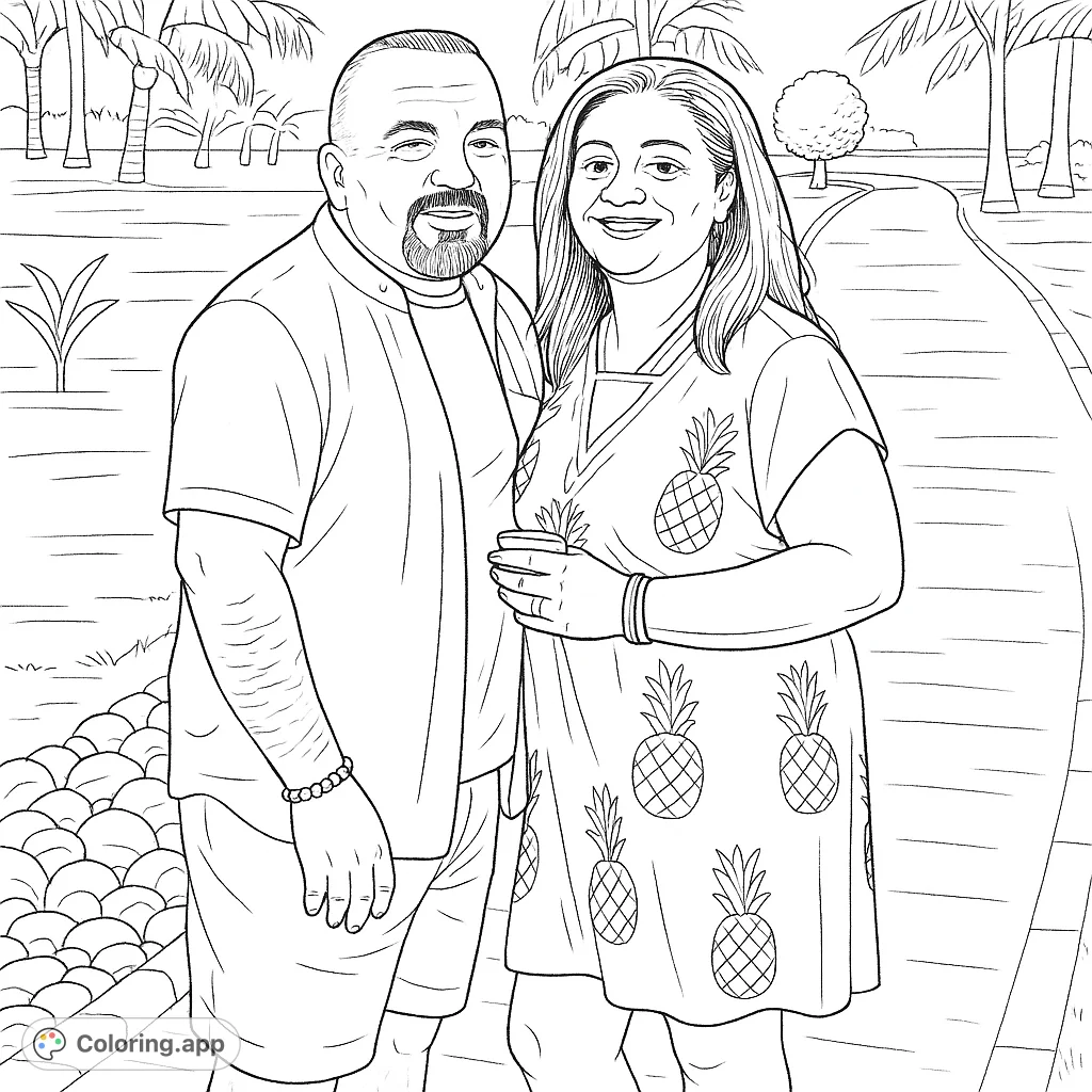 A cheerful couple stands together in a tropical outdoor setting, ready for you to bring their smiles and surroundings to life with your creative colors.