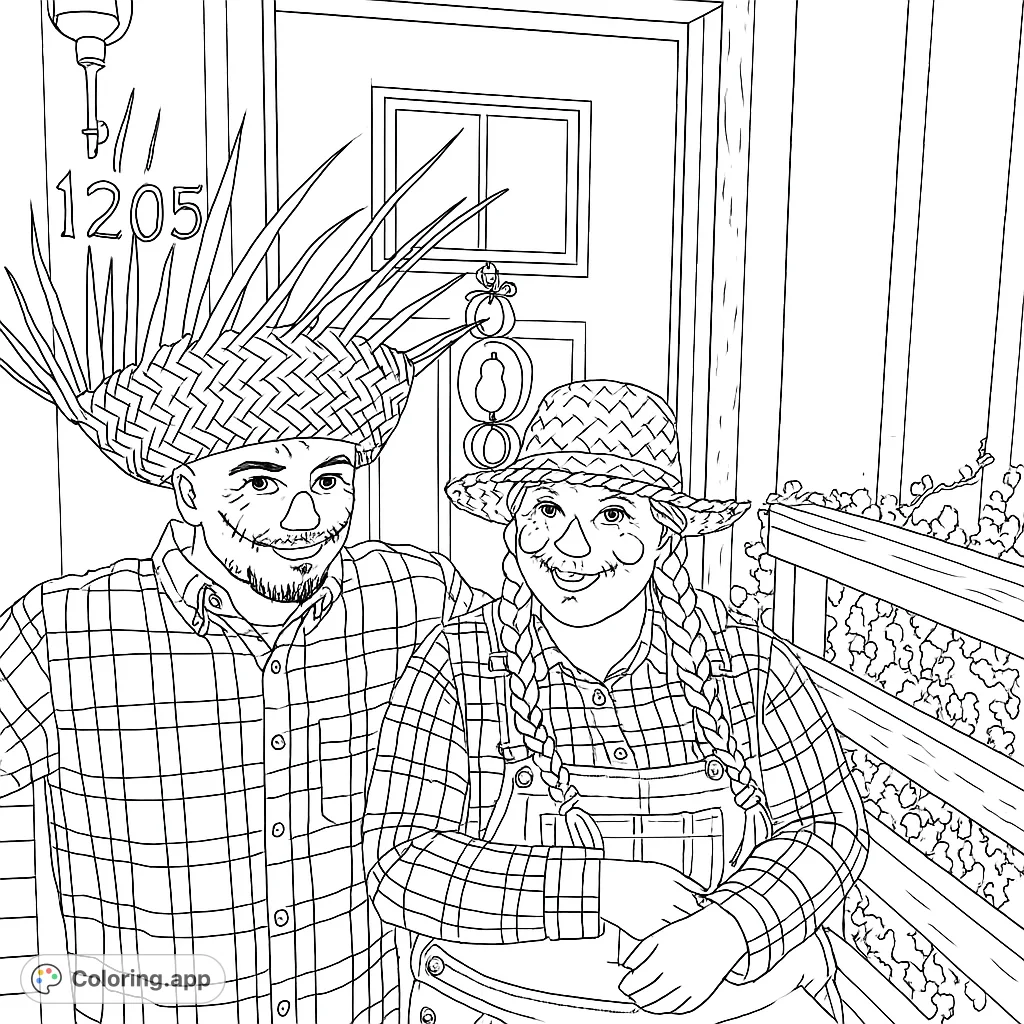 A charming scarecrow couple on a festive porch, ready for autumn fun. Features detailed costumes and seasonal decorations, perfect for fall coloring.