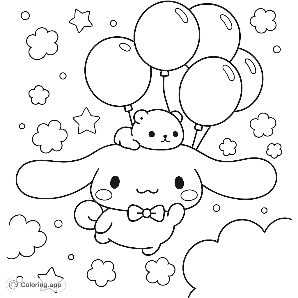 A delightful character with long ears and a bow tie floats among clouds and stars, carried by balloons, with a tiny bear companion. A whimsical scene!