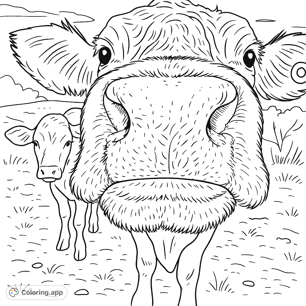 A charming close-up of a cow's face with a prominent nose, a calf in the background, set in a grassy field. Perfect for animal lovers!