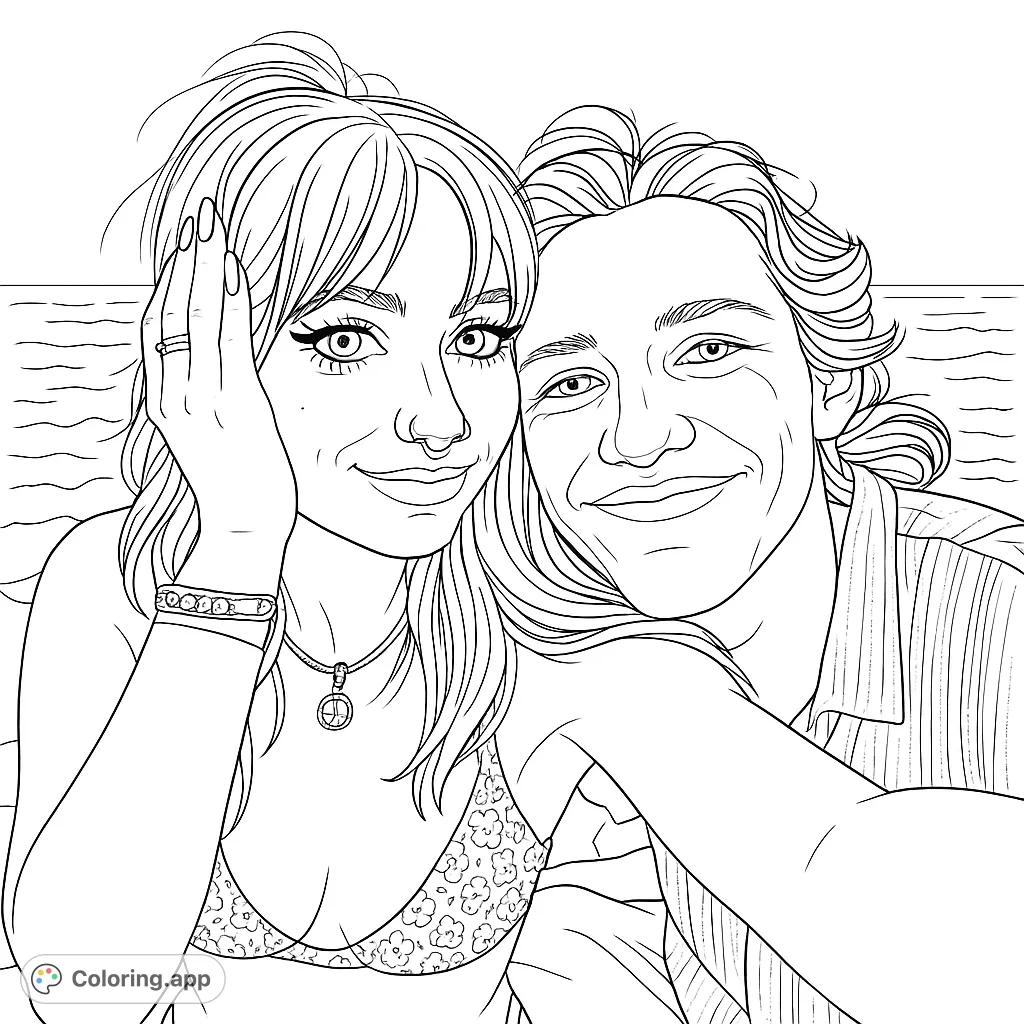 Capture the warmth of a couple's embrace by the ocean. This detailed portrait features patterned clothing, intricate jewelry, and a serene seascape background.