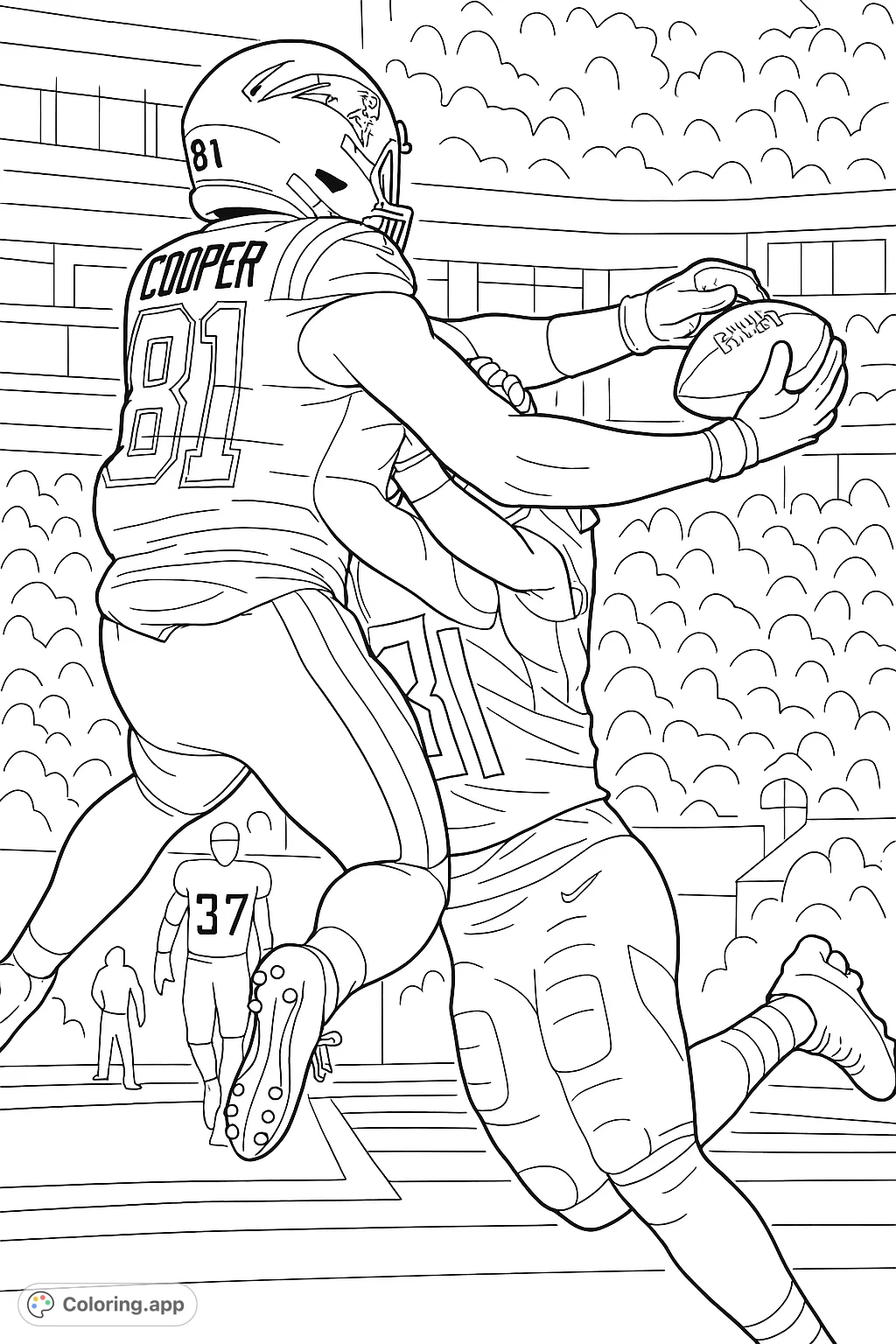 Experience the thrill of the game with this dynamic football action coloring page, featuring two players mid-air in an intense catch and tackle moment.