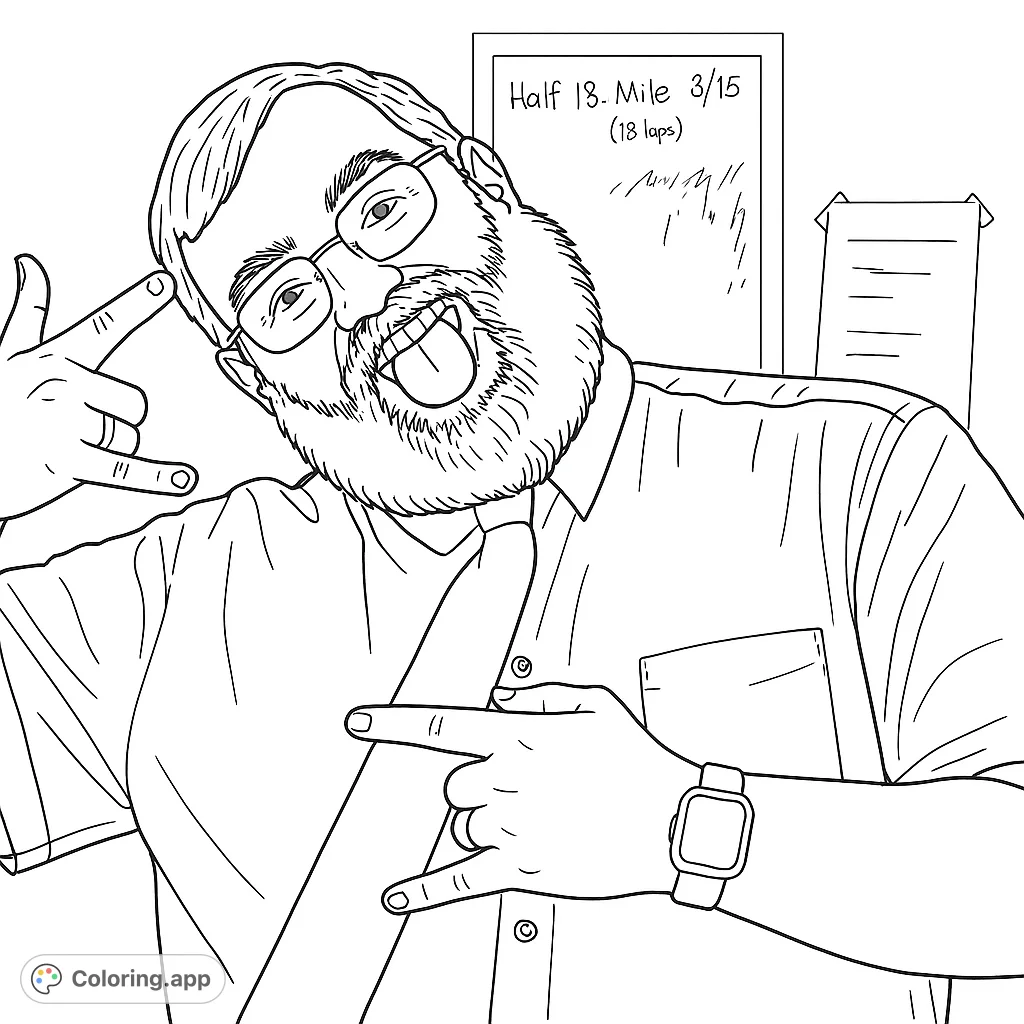 A fun coloring page featuring a bearded man with glasses making a rock-on gesture and sticking out his tongue, perfect for expressive coloring.